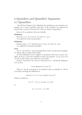 4 Quantifiers and Quantified Arguments 4.1 Quantifiers