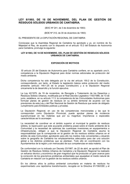 Ley 8/1993, De 18 De Noviembre, Del Plan De Gestión De Residuos Sólidos Urbanos De Cantabria