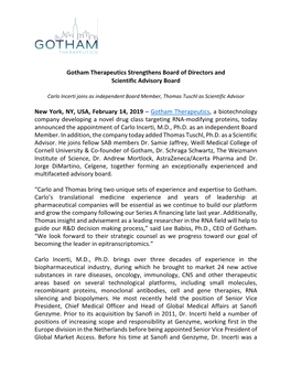 Gotham Therapeutics Strengthens Board of Directors and Scientific Advisory Board