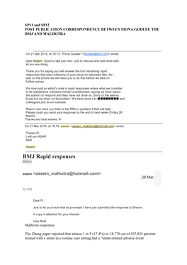 SP11 and SP12 POST PUBLICATION CORRESPONDENCE BETWEEN FIONA GODLEE the BMJ and MALHOTRA