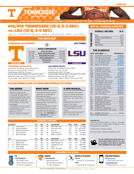 18/#19 TENNESSEE (15-5, 5-3 SEC) 2017-18 » SCHEDULE & RECORD Vs