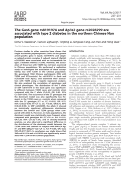 The Gas6 Gene Rs8191974 and Ap3s2 Gene Rs2028299 Are Associated with Type 2 Diabetes in the Northern Chinese Han Population Elena V