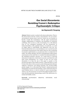 Our Social Discontents: Revisiting Fromm's Redemptive Psychoanalytic Critique
