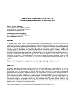 UMA CIDADE PARA ALEMÃES CATÓLICOS: Formação E Evolução Urbana De Itapiranga (SC)