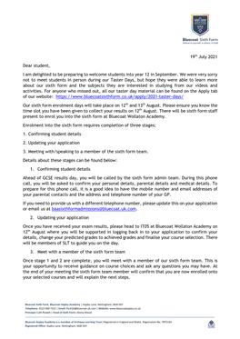 Enrolment Letter Bluecoat Wollaton Students