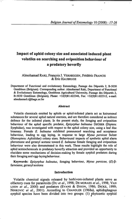 Impact of Aphid Colony Size and Associated Induced Plant Vola Tiles on Searching and Oviposition Behaviour of a Predatory Hoverfly