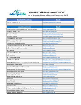 ADAMJEE LIFE ASSURANCE COMPANY LIMITED List of Associated Undertakings As of September, 2018