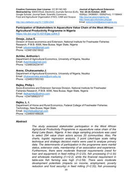 Participation of Stakeholders in Aquaculture Value Chain of The