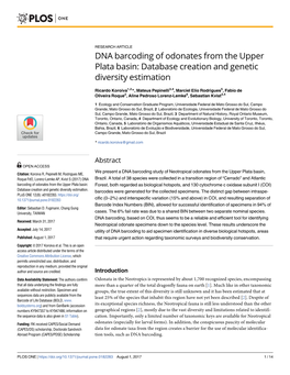 DNA Barcoding of Odonates from the Upper Plata Basin: Database Creation and Genetic Diversity Estimation