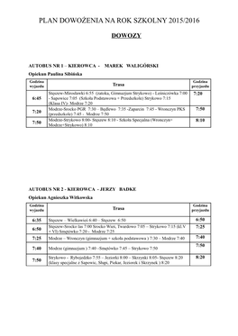 Plan Dowożenia Na Rok Szkolny 2015/2016