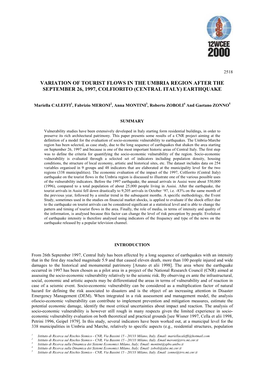 Variation of Tourist Flows in the Umbria Region After the September 26, 1997, Colfiorito (Central Italy) Earthquake