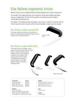 Etac Relieve Ergonomic Knives Relieve Knives Have an Angled Handle and Sharp Blade Which Make Cutting Easier