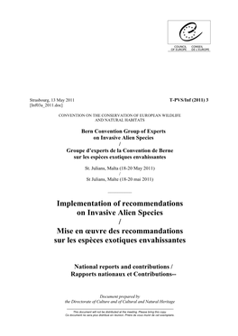 Implementation of Recommendations on Invasive Alien Species / Mise En Œuvre Des Recommandations Sur Les Espèces Exotiques Envahissantes
