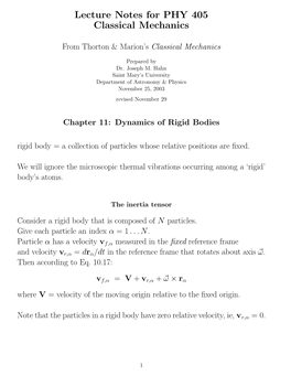 Lecture Notes for PHY 405 Classical Mechanics