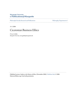 Ciceronian Business Ethics Owen Goldin Marquette University, Owen.Goldin@Marquette.Edu