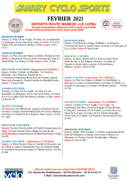 FEVRIER 2021 DEPARTS ROUTE MANEGE «LE LUTIN» Groupe Intermédiaire: Dimanche, Férié, Mardi, Jeudi, 9H00 Groupe Féminine,Dimanche, Férié, Mardi, Jeudi, 9H00
