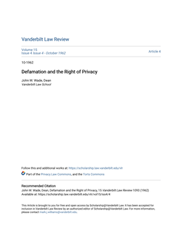 Defamation and the Right of Privacy