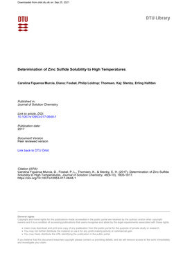 Determination of Zinc Sulfide Solubility to High Temperatures
