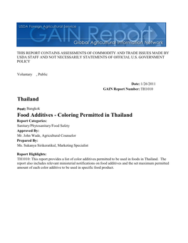 Food Additives - Coloring Permitted in Thailand Report Categories: Sanitary/Phytosanitary/Food Safety Approved By: Mr