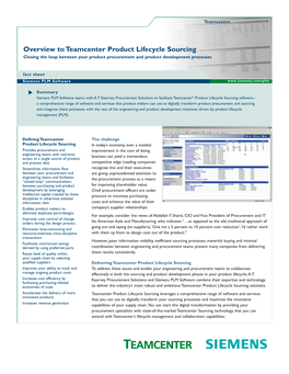 Overview to Teamcenter Product Lifecycle Sourcing Closing the Loop Between Your Product Procurement and Product Development Processes