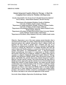 Islamic Integrated Cognitive Behavior Therapy: a Shari’Ah- Compliant Intervention for Muslims with Depression