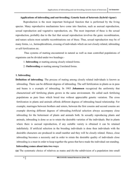 Applications of Inbreeding and Out-Breeding; Genetic Basis of Heterosis 1St Semester