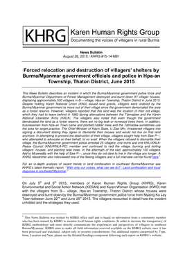 Forced Relocation and Destruction of Villagers’ Shelters by Burma/Myanmar Government Officials and Police in Hpa-An Township, Thaton District, June 2015