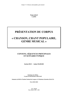 Présentation Du Corpus « Chanson, Chant Populaire