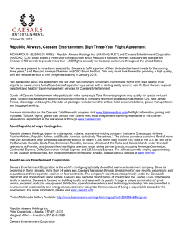 Republic Airways, Caesars Entertainment Sign Three-Year Flight Agreement