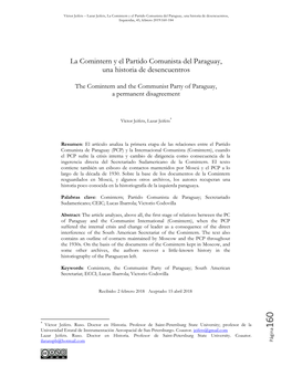 La Comintern Y El Partido Comunista Del Paraguay, Una Historia De Desencuentros, Izquierdas, 45, Febrero 2019:160-184