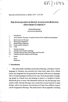 The Integration of Bantu Loans Into Burunge (Southern Cushitic)*