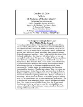 October 16, 2016 Bulletin St. Nicholas Orthodox Church Orthodox Church in America 2143 S