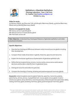 Epithelium 2 : Glandular Epithelium Histology Laboratory -­‐ Year 1, Fall Term Dr