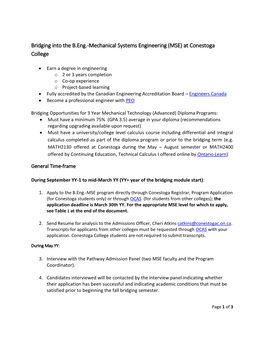 Bridging Into the B.Eng.-Mechanical Systems Engineering (MSE) at Conestoga College