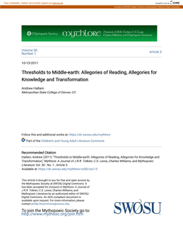 Thresholds to Middle-Earth: Allegories of Reading, Allegories for Knowledge and Transformation