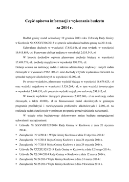 Część Opisowa Informacji Z Wykonania Budżetu Za 2014 R