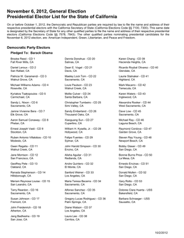 November 6, 2012, General Election Presidential Elector List for the State of California