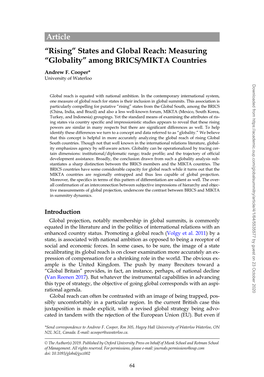 “Rising” States and Global Reach: Measuring “Globality” Among BRICS/MIKTA Countries Andrew F