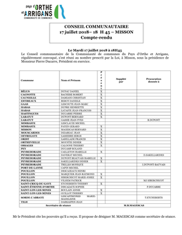 CONSEIL COMMUNAUTAIRE 17 Juillet 2018– 18 H 45 – MISSON Compte -Rendu