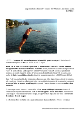 Lago Non Balneabile in Tre Località Dell'alto Lario. Le Ultime Analisi