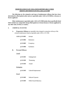 Misdemeanor State Violations Reportable Under Arizona Revised Statutes (A.R.S.) § 32-3208