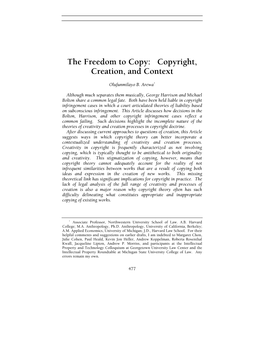 The Freedom to Copy: Copyright, Creation, and Context