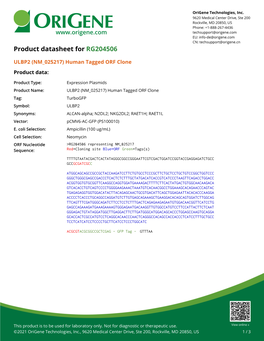 ULBP2 (NM 025217) Human Tagged ORF Clone Product Data