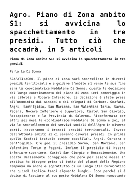 Agro. Piano Di Zona Ambito S1: Si Avvicina Lo Spacchettamento in Tre Presidi