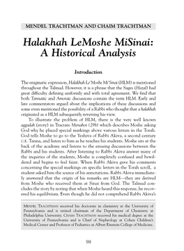 Halakhah Lemoshe Misinai: a Historical Analysis