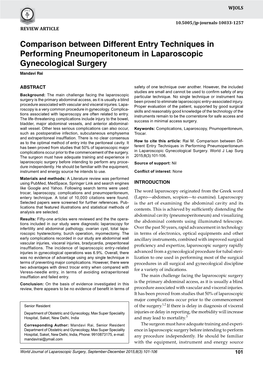 Comparison Between Different Entry Techniques in Performing Pneumoperitoneum In10.5005/Jp-Journals-10033-1257 Laparoscopic Gynecological Surgery REVIEW ARTICLE