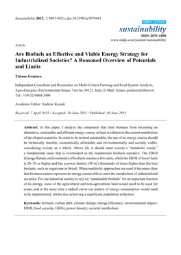Are Biofuels an Effective and Viable Energy Strategy for Industrialized Societies? a Reasoned Overview of Potentials and Limits