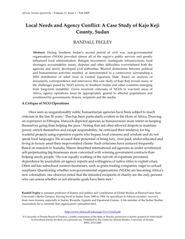Local Needs and Agency Conflict: a Case Study of Kajo Keji County, Sudan