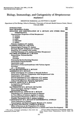 Biology, Immunology, and Cariogenicity of Streptococcus Mutanst SHIGEYUKI Hamadat and HUTTON D