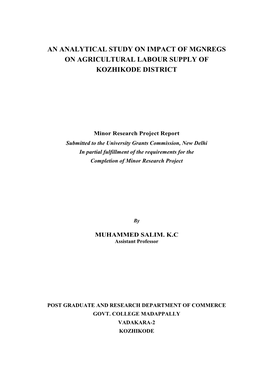 An Analytical Study on Impact of Mgnregs on Agricultural Labour Supply of Kozhikode District